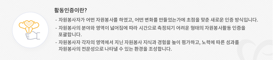 활동인증이란? 자원봉사자가 어떤 자원봉사를 하였고, 어떤 변화를 만들었는가에 초점을 맞춘 새로운 인증 방식입니다. 자원봉사의 분야와 영역이 넓어짐에 따라 시간으로 측정되기 어려운 형태의 자원봉사활동 인증을 포괄합니다.자원봉사자 각자의 영역에서 지닌 자원봉사 지식과 경험을 높이 평가하고, 노력에 따른 성과를 자원봉사의 전문성으로 나타낼 수 있는 환경을 조성합니다.